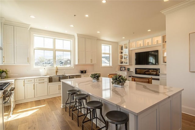 kitchen with light stone counters, a center island, high end stainless steel range, light wood-style flooring, and a sink