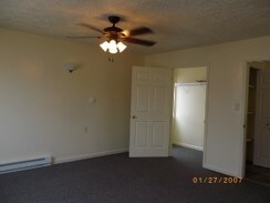 unfurnished bedroom featuring a baseboard heating unit, ceiling fan, a closet, and carpet floors