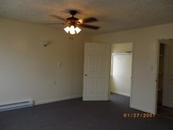 unfurnished bedroom with a baseboard heating unit, ceiling fan, carpet flooring, and a closet