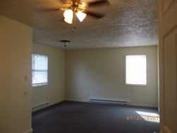 carpeted spare room featuring ceiling fan and a baseboard radiator