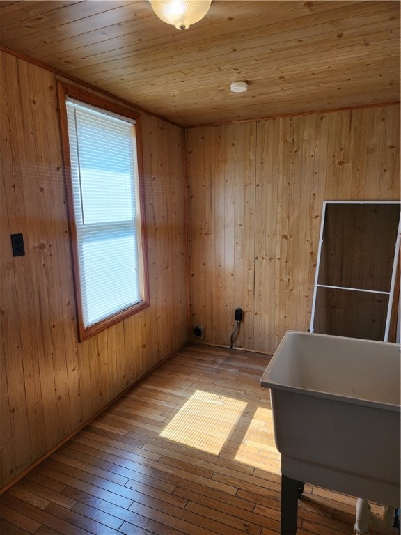 spare room with wooden walls and light hardwood / wood-style flooring