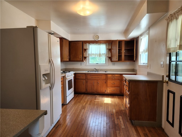 kitchen with light hardwood / wood-style floors, white appliances, and sink