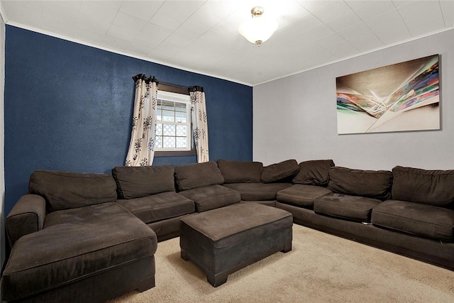 carpeted living room featuring crown molding