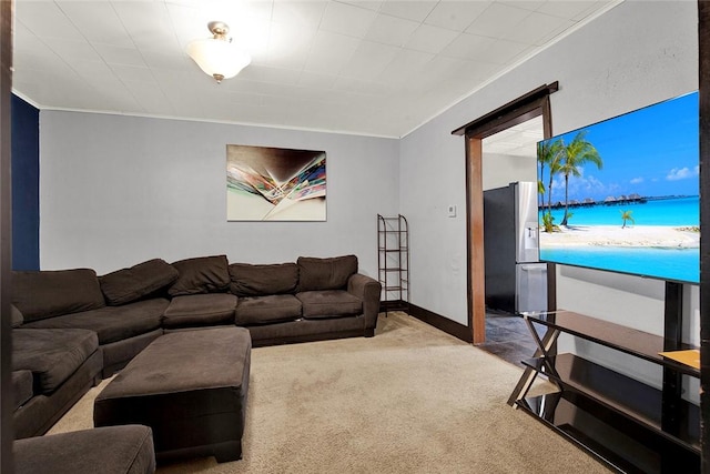 living area with ornamental molding, carpet flooring, and baseboards