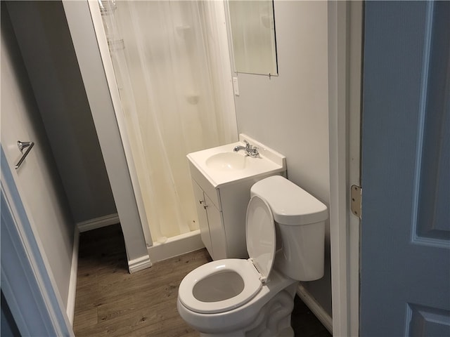 bathroom featuring toilet, vanity, and hardwood / wood-style flooring