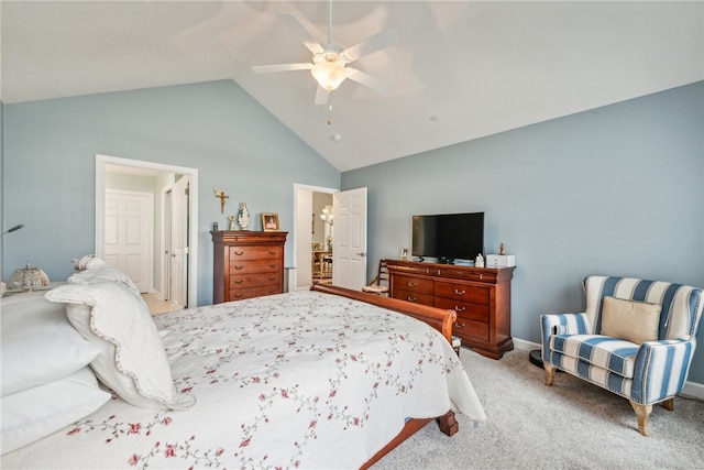 carpeted bedroom featuring ceiling fan and high vaulted ceiling