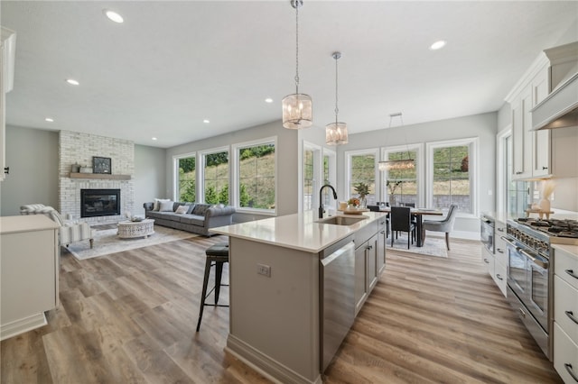 kitchen featuring stainless steel appliances, light hardwood / wood-style flooring, a large fireplace, sink, and a kitchen island with sink