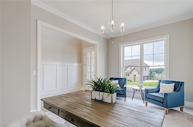 dining room with a notable chandelier, carpet floors, crown molding, and a healthy amount of sunlight