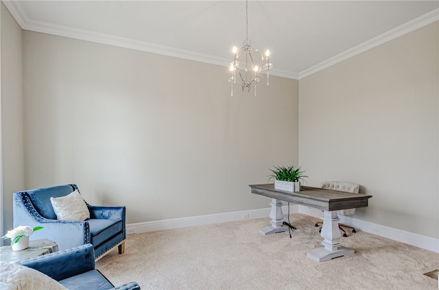 carpeted home office featuring an inviting chandelier and ornamental molding