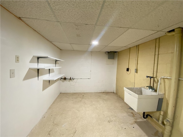 32 Bracken Pl, Plum Boro, PA 15239 - finished basement featuring a sink, a drop ceiling, and concrete block wall
