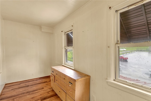 unfurnished bedroom with light hardwood / wood-style floors and crown molding