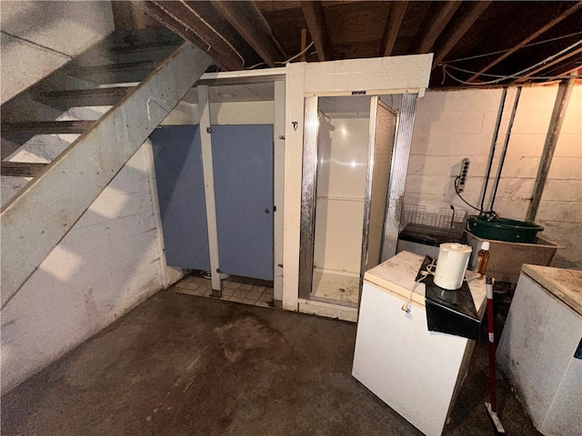 basement featuring white refrigerator