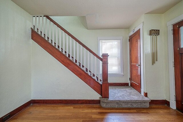 staircase with hardwood / wood-style flooring