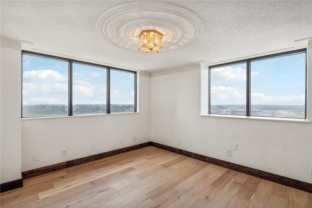 unfurnished room featuring light hardwood / wood-style floors, a textured ceiling, and a water view