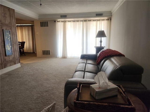 living room featuring crown molding and light carpet