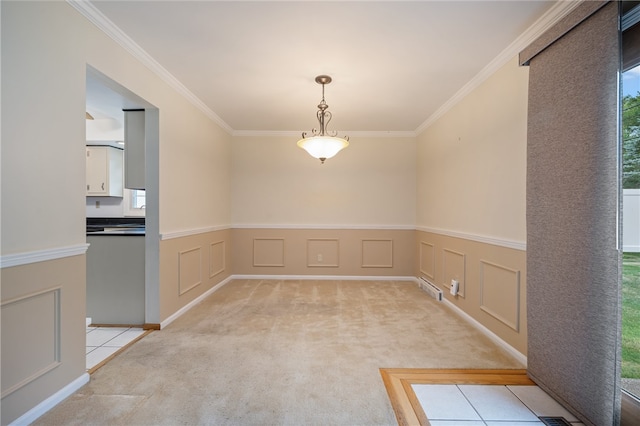 interior space featuring crown molding and light colored carpet