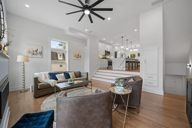 living room with hardwood / wood-style flooring and ceiling fan