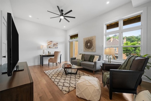 living room with ceiling fan and light hardwood / wood-style floors