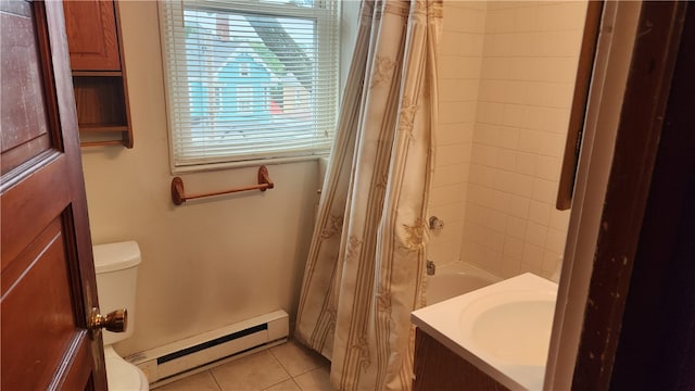 full bathroom featuring a baseboard radiator, tile patterned flooring, toilet, sink, and shower / tub combo with curtain