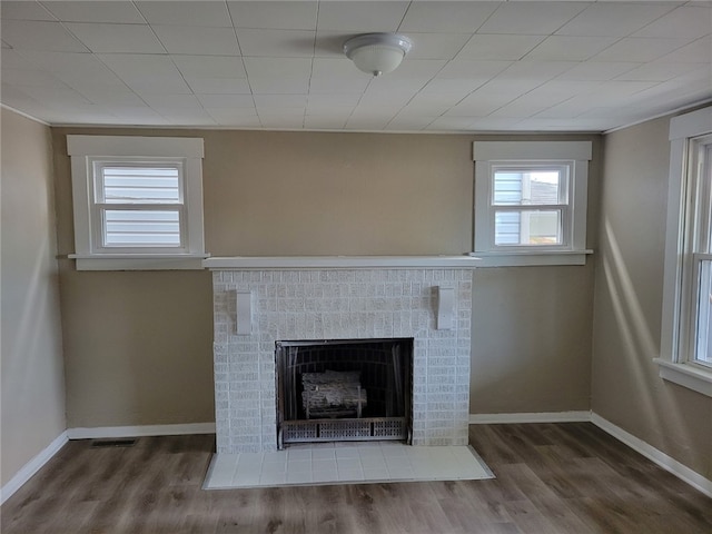 interior details with hardwood / wood-style floors and a fireplace