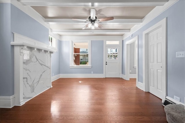 foyer entrance featuring hardwood / wood-style flooring, beamed ceiling, and ceiling fan