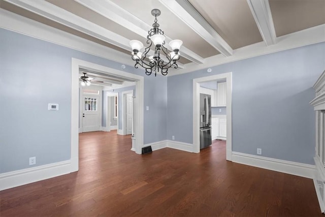 unfurnished dining area featuring ceiling fan with notable chandelier, beamed ceiling, and dark wood-type flooring