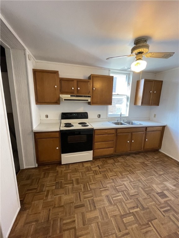 kitchen featuring electric range, ceiling fan, sink, dark parquet flooring, and ornamental molding