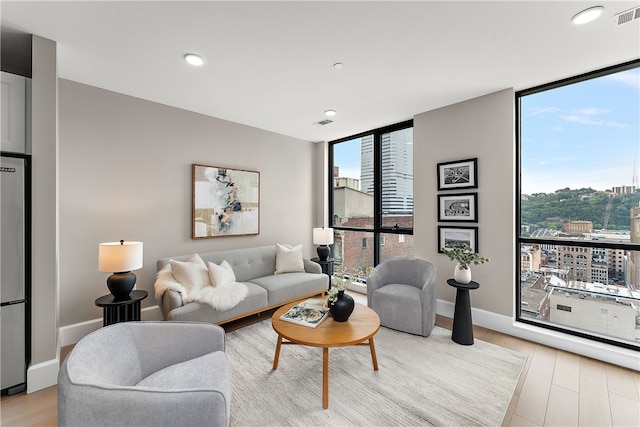 living room featuring floor to ceiling windows and light wood-type flooring