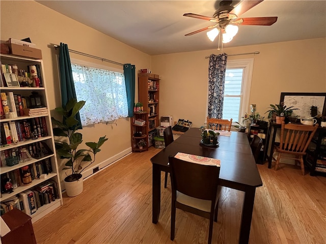 dining room featuring ceiling fan and light hardwood / wood-style flooring