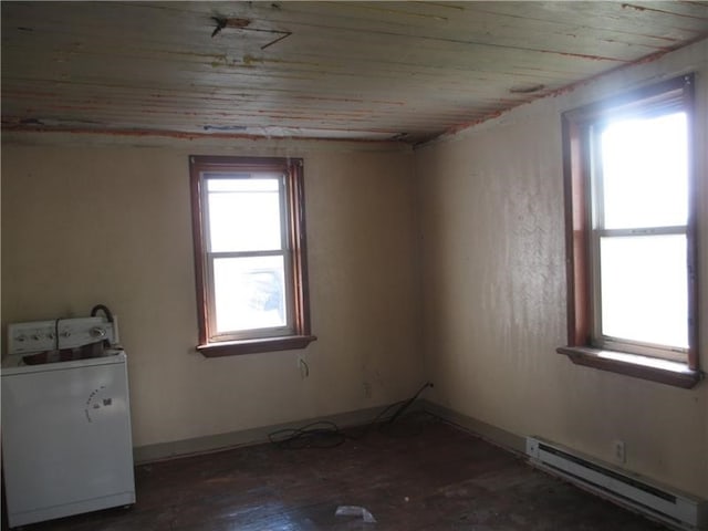 interior space featuring wooden ceiling, hardwood / wood-style flooring, washer / dryer, and baseboard heating