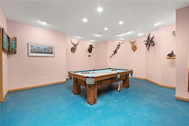 game room with recessed lighting, baseboards, and carpet floors