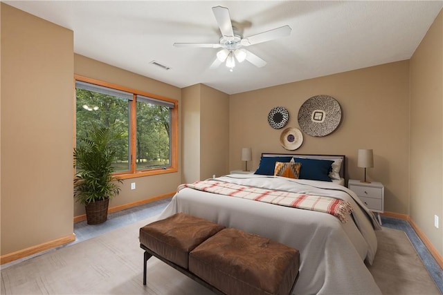 bedroom featuring visible vents, baseboards, ceiling fan, and carpet flooring