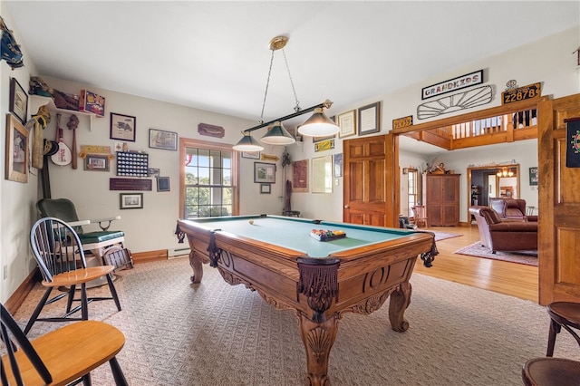 playroom with a baseboard radiator, light hardwood / wood-style flooring, and pool table