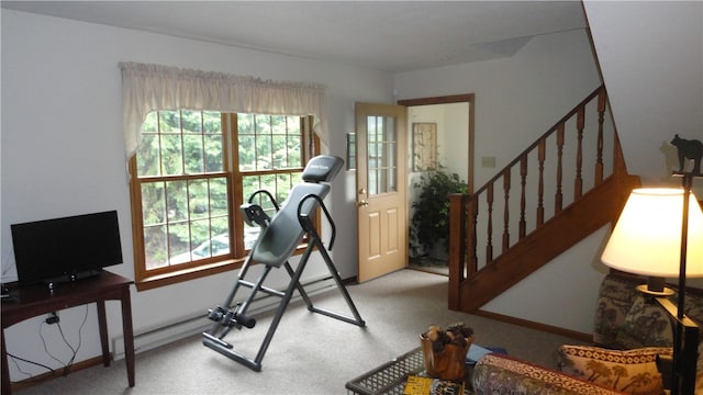 workout area with carpet flooring