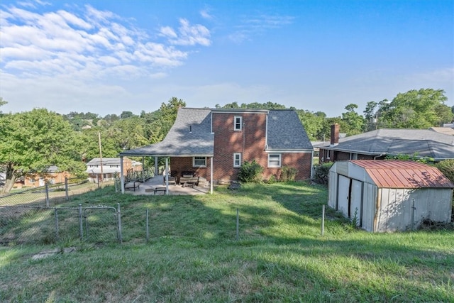 exterior space with a patio and a shed