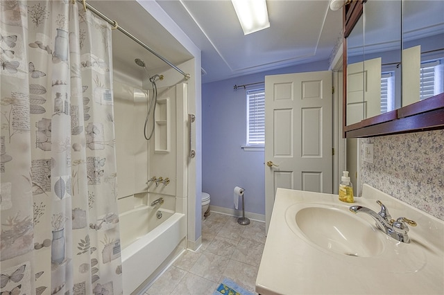 full bathroom with toilet, tile patterned flooring, vanity, vaulted ceiling, and shower / bathtub combination with curtain