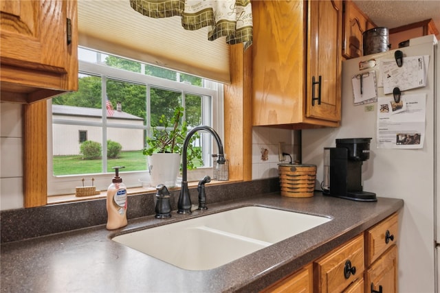 kitchen featuring sink, fridge, and backsplash