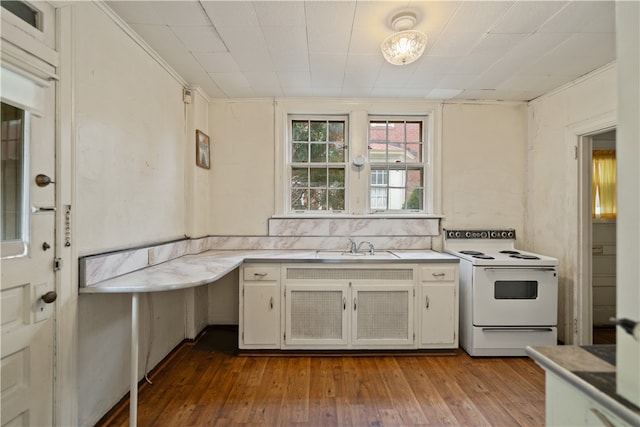 kitchen featuring sink, light hardwood / wood-style flooring, tasteful backsplash, and white electric range oven