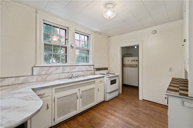 kitchen featuring decorative backsplash, white electric range oven, fridge, wood-type flooring, and sink