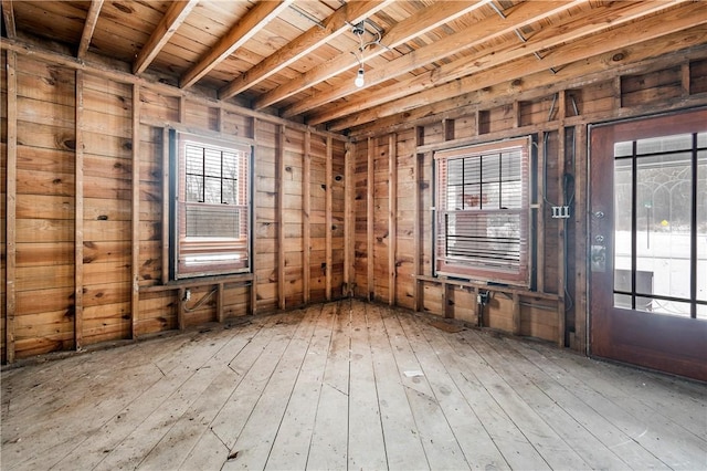 miscellaneous room with wooden walls, beamed ceiling, wood ceiling, and wood-type flooring