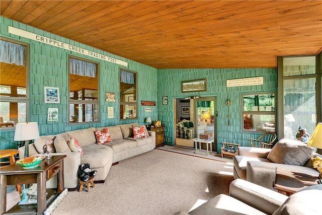 carpeted living area featuring wood ceiling