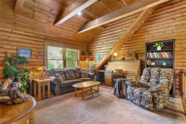 living room with high vaulted ceiling, beamed ceiling, light colored carpet, wood ceiling, and rustic walls