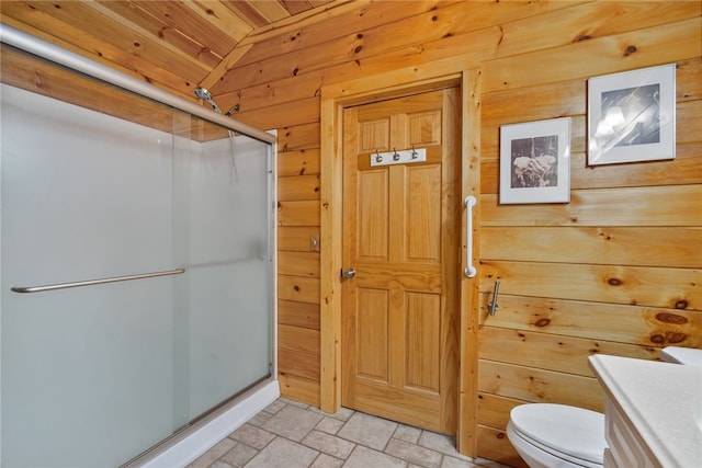 bathroom with toilet, wood ceiling, an enclosed shower, vanity, and tile patterned floors