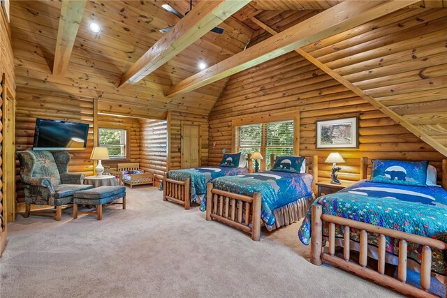 carpeted bedroom with log walls, high vaulted ceiling, wooden ceiling, and beamed ceiling