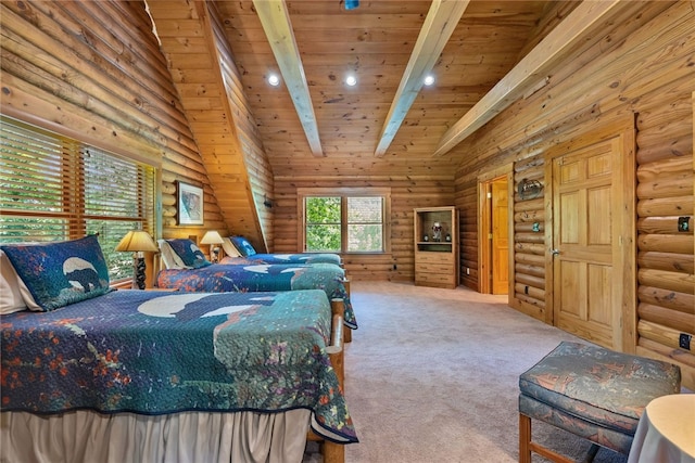 bedroom with rustic walls and wooden ceiling