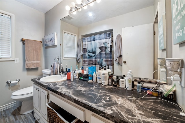 bathroom with toilet, hardwood / wood-style floors, and vanity