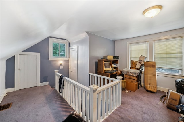 interior space with vaulted ceiling and a nursery area