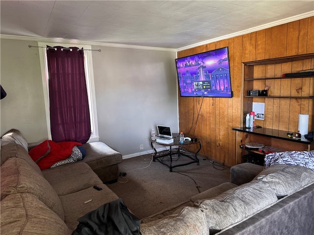 carpeted living room with wooden walls and crown molding