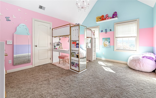 rec room with carpet, high vaulted ceiling, and an inviting chandelier