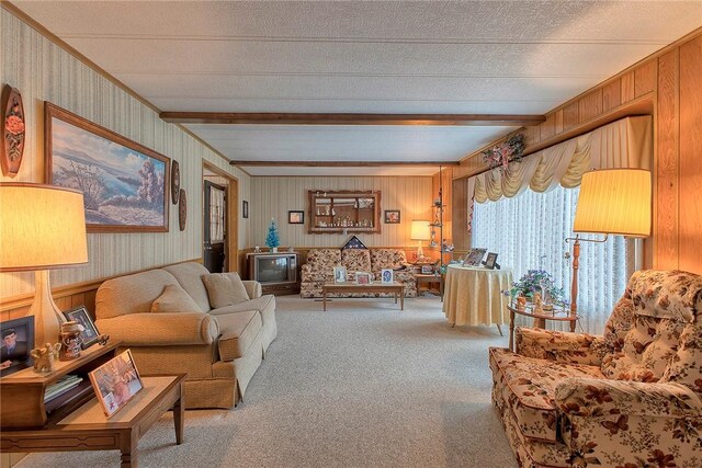 carpeted living room featuring wooden walls, a textured ceiling, and beamed ceiling